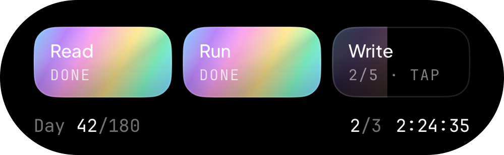 The Dynamic Island: Read done, Run done, Write 2 of 5, two hours until sleep